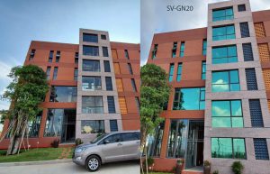 Tòa nhà dán phim cách nhiệt phản quang màu xanh lá